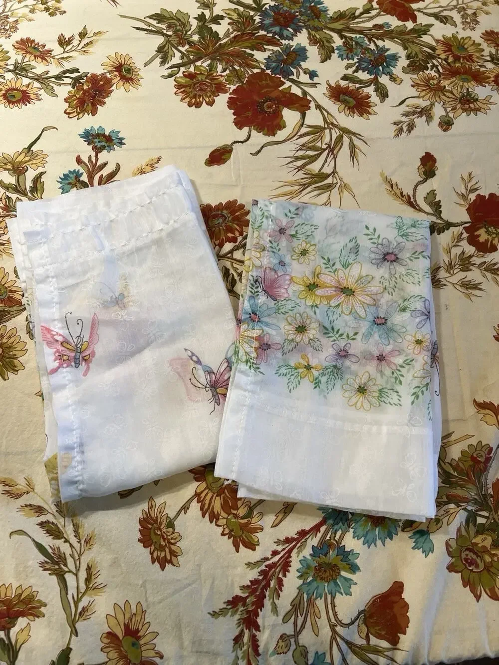 Vintage Two Panel Sheer Floral Butterfly Window Valance Curtain Set